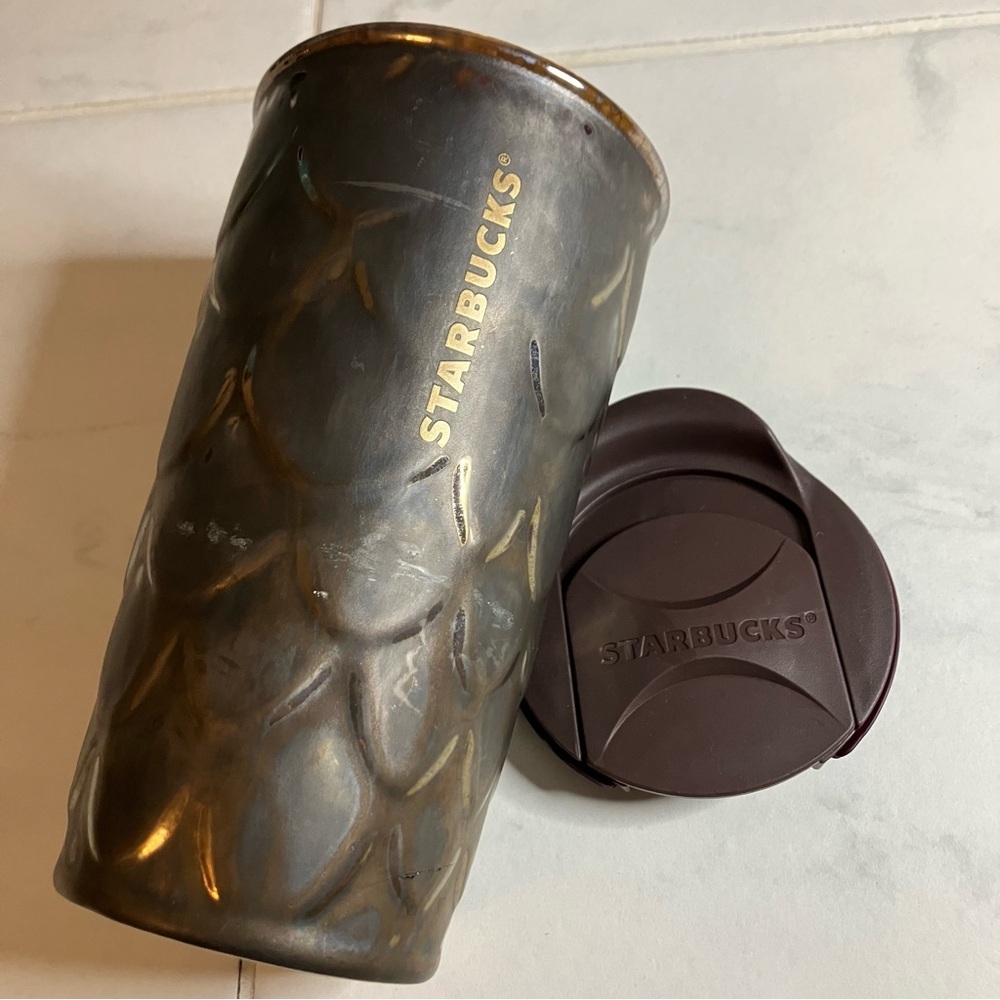 Starbucks ceramic Textured Metallic Tumbler with Brown Lid.